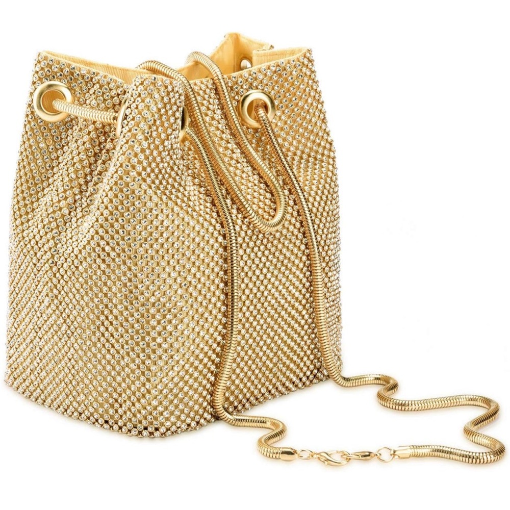 Gold rhinestone mini bucket bag